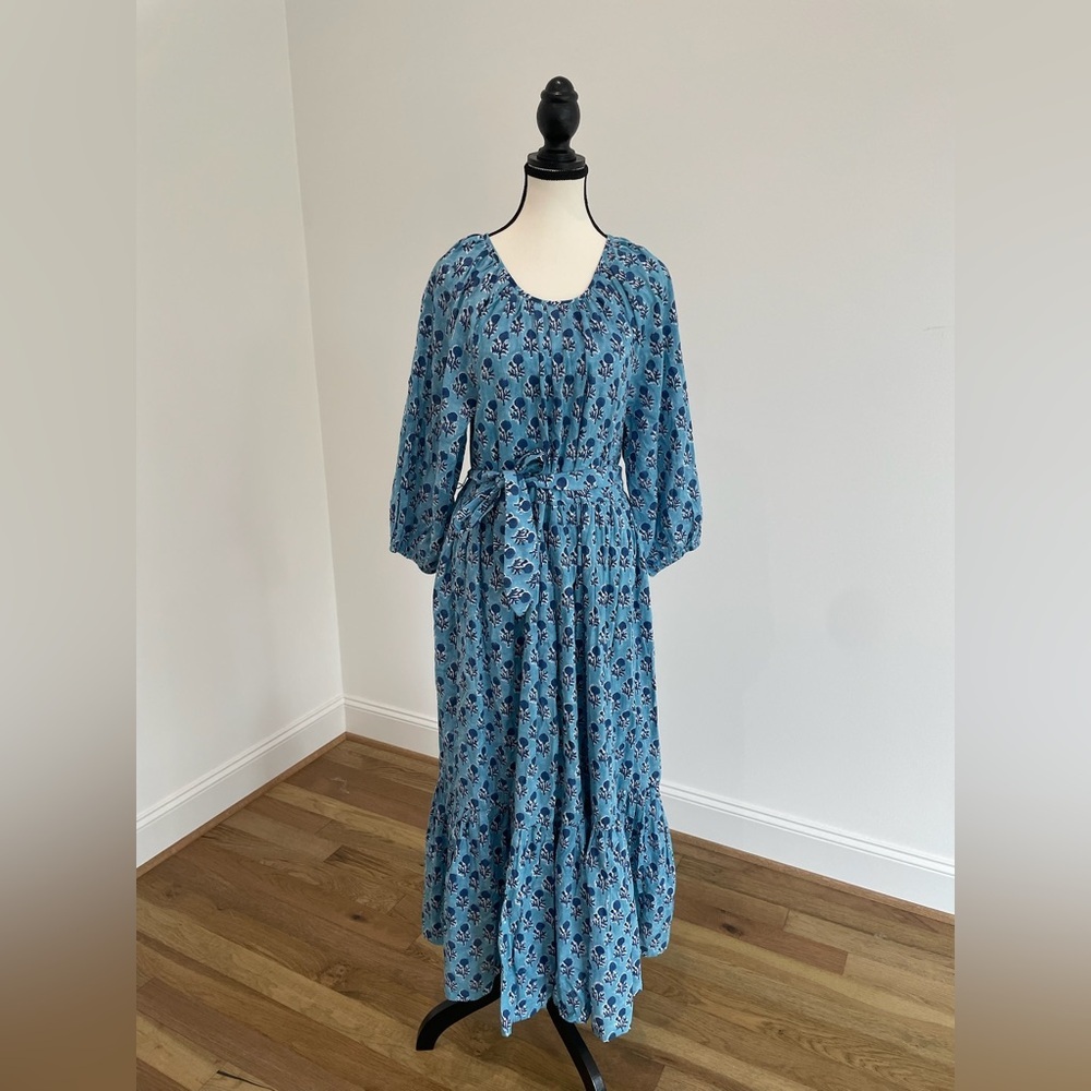 Emerson Fry Organic Cotton Blue Block Print Tie Waist Long Sleeve Dress, Small